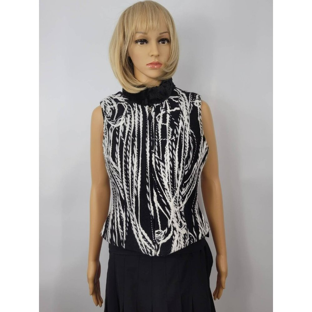 Tsunami Womens Vest Black White Abstract Full Zip Textured Faux Fur Trim XS